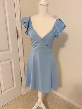 Altar'd State Light Blue V-Neck Flutter Sleeve Mini Dress